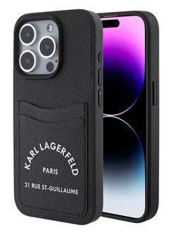 Lagerfeld для iPhone 15 Pro чехол Cardslot PU Saffiano RSG 3D rubber logo Hard Black